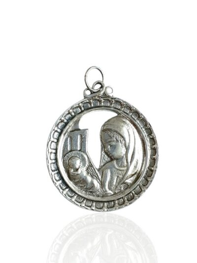 Medallla de cuna Virgen con niño calada, pequeña. Plata