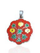 Colgante esmalte redondo lobulado rojo con diseño floral. joyeria-plata-granada