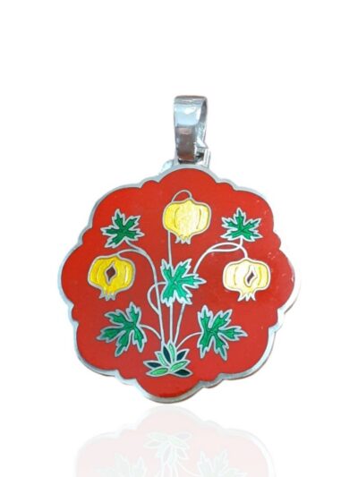 Colgante esmalte redondo lobulado rojo con diseño floral. joyeria-plata-granada
